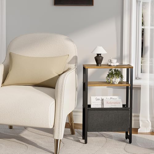 Narrow Side Table, Slim End Table with Magazine Rack, Skinny Bedside Table for Small Spaces, 3 Tier Sofa Couch Table Nightstand for Living Room, Bedroom, Walnut Brown LET503BR - color: Walnut Brown, style: No Charging Station