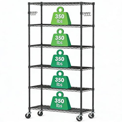 6 Tier Wire Metal Shelving Rack Garage Storage Rolling Shelves with Wheels | Heavy Duty Adjustable Industrial Shelves Unit Utility Sturdy Shelving for Kitchen Garage Pantry Bathroom Laundry - size: 6-Tier Metal Shelf（36L x 14W x 75H）