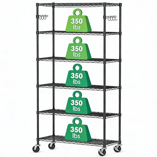 6 Tier Wire Metal Shelving Rack Garage Storage Rolling Shelves with Wheels | Heavy Duty Adjustable Industrial Shelves Unit Utility Sturdy Shelving for Kitchen Garage Pantry Bathroom Laundry - size: 6-Tier Metal Shelf（36L x 14W x 75H）