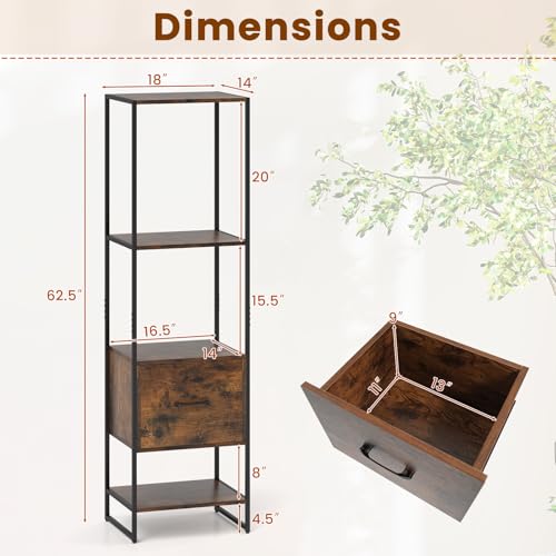 Giantex 5-Tier Bookshelf with Drawer Set of 2, Narrow Bookcase w/Open Shelves & Metal Frame, Modern Storage Organizer Shelving Unit, Freestanding Display Rack for Bedroom Living Room - color: Rustic Brown+black