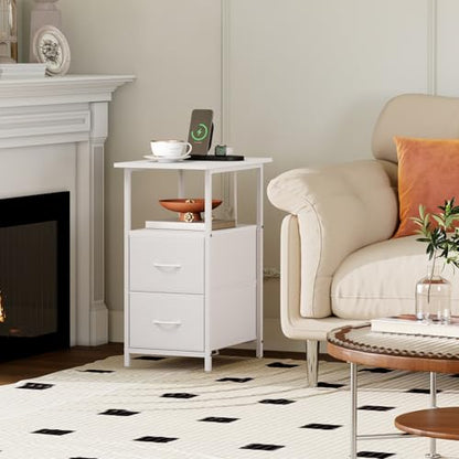 Somdot End Table with Charging Station, Narrow Side Table with 2 Fabric Drawers, Skinny Nightstand with Storage, Small Slim Bedside Table for Living Room, Sofa, Bedroom, Couch, White Leather - color: White Leather