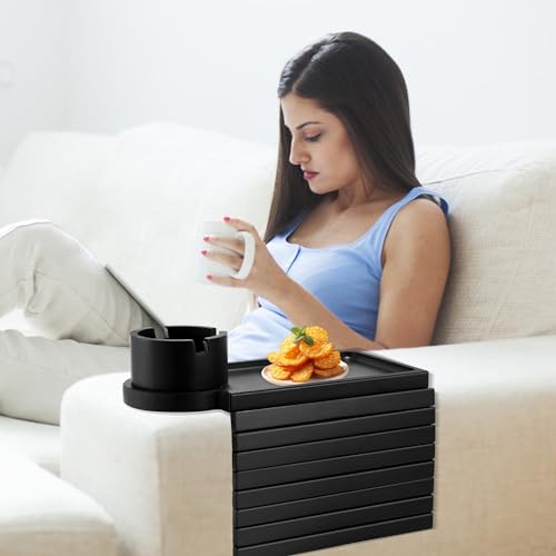 GHKINMAL Couch Cup Holder Tray, 3 in 1 Large Couch Arm Trays,Bamboo Chair Clip on Tray with 360° Ratated Phone Holder for Couch,Armrest Tray for Snacks,Remote,Phone - color: Black