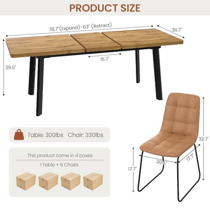 Extendable Dining Table Set for 6 to 8 People, 63" to 78.7" Modern Kitchen Table Set with 6 Chairs, MDF Dining Room Table and Chairs with Removable Extension Leaf (Walnut Table+U-Shaped Brown Chairs) - color: 63'' - 78.7'' Walnut Table+6 U Brown Chairs