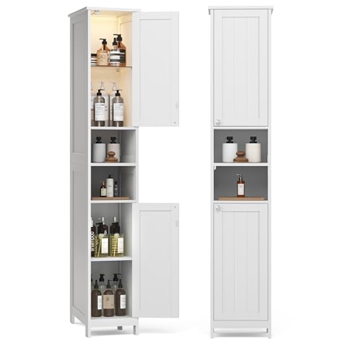 VASAGLE Tall Storage Cabinet with Lights, Slim Freestanding Cabinet with Adjustable Shelves, for Small Spaces, Bathroom, Living Room, Modern, 11.8 Inches Wide, Cloud White UBBC566W02V1 - color: Cloud White, size: 11.8"D x 11.8"W x 66.9"H, style: with Ligh