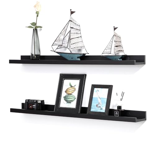 AZSKY 36 Inch Picture Ledge Shelves Set of 3, Rustic Wood Floating Shelves for Photo Frames, Nursery & Kids Book Shelves, Wall Mounted Bathroom Organizer (Black) - color: Black, size: 36in set 2