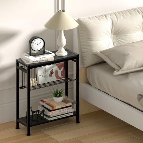 Side Table for Small Spaces, Narrow End Table with Adjustable V-Shaped Magazine Rack, 7.1"D x 17"W x 21.7"H, Black - color: Black, size: 1-pcs