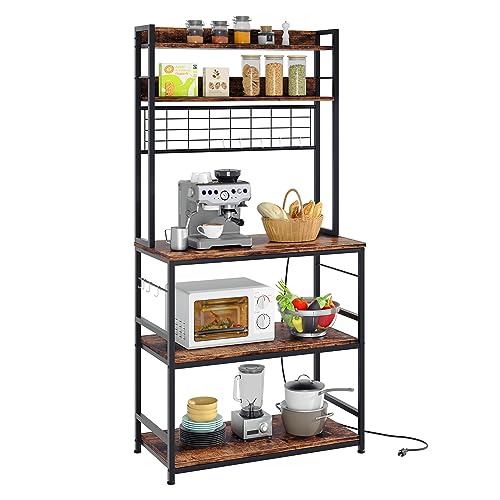 Shintenchi Bakers Rack with Power Outlet, Large Storage Space, 10 Hooks Coffee Bar with Metal Wire Panel, High Microwave Stand, Classic Kitchen Storage Shelf Design, Vintage Brown - color: Rustic Brown, size: 31.5inch with Power Outlet