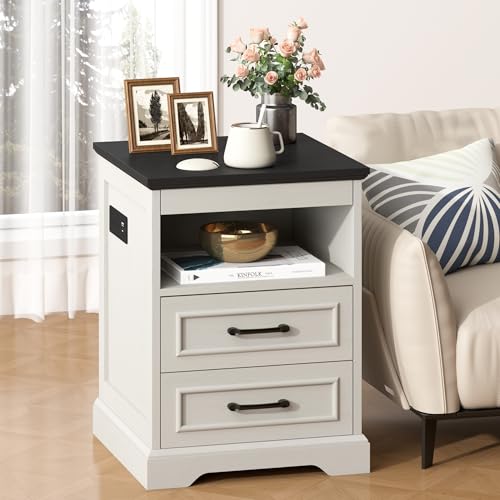 18" Farmhouse Nightstand with Charging Station, Antique White | End Table with 3 Drawers Storage, Side Table, Bedside Cabinet for LivingRoom Bedroom Office - color: Antique White