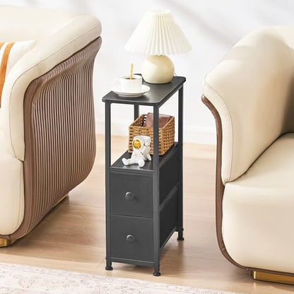 DALEMHOME End Table, Narrow Side Table with 2 Fabric Drawers, Slim Nightstand, Small Bedside Table with Storage, Living Room, Bedroom, Black HKET1200BK - color: Black, size: 7.9" W x 15.7" D, style: No Power