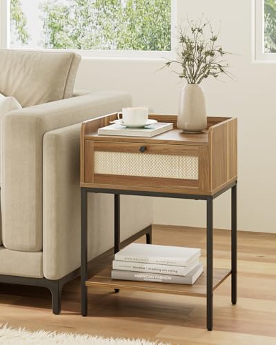 Nightstand,3-Tier Modern Night Stand,Bedside Table with Storage Drawer and Shelf,Small Side Table for Bedroom,Living Room,Walnut Brown - color: Walnut
