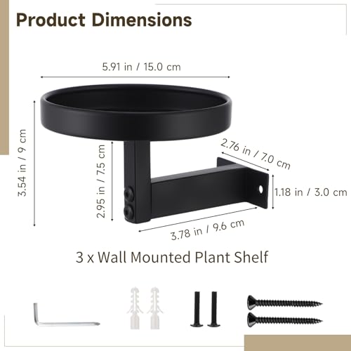 OMISTAR 3 Pack Wall Plant Holders for Indoor Plants, 5.9 Inch Metal Floating Shelves with Round Trays, Wall Mounted Plant Stands for Small Pots, Black