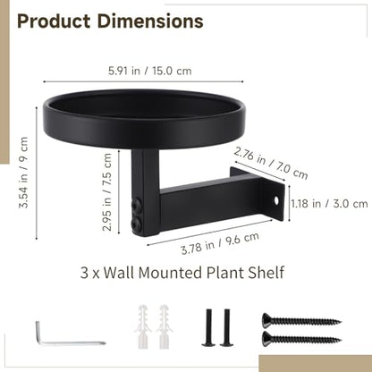 OMISTAR 3 Pack Wall Plant Holders for Indoor Plants, 5.9 Inch Metal Floating Shelves with Round Trays, Wall Mounted Plant Stands for Small Pots, Black