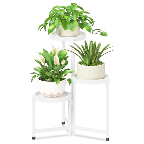 iDavosic.ly 3 Tier Folding Plant Stand Indoor Outdoor with Plastic Tray, Tiered Corner Flower Holder Shelf, Metal Orchid Display Rack for Patio Porch Living Room Garden Balcony, White - color: White, size: 3 Tiers