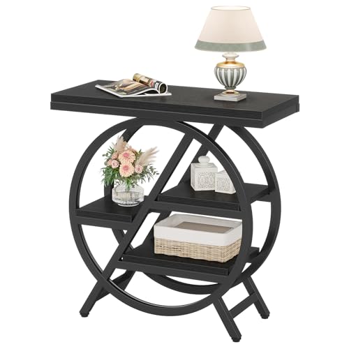 Tribesigns End Table for Living Room, 3-Tier Narrow Side Table with Storage, Wood Sofa Side Table with Geometric Metal Frame, Industrial Nightstand and Bedside Table for Bedroom, Black - color: Black
