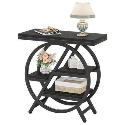 Tribesigns End Table for Living Room, 3-Tier Narrow Side Table with Storage, Wood Sofa Side Table with Geometric Metal Frame, Industrial Nightstand and Bedside Table for Bedroom, Black - color: Black