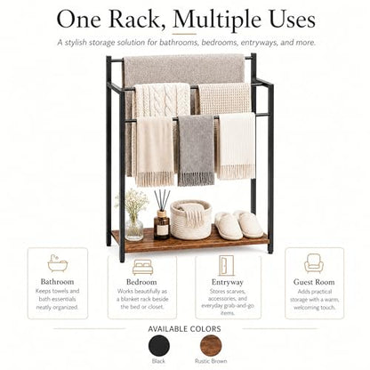 24.8" W Freestanding Towel Rack with Rustic Brown Wood Shelf | 3 Tier Blanket Ladder Stand for Bathroom Living Room, Metal Frame - color: Rustic Brown, size: 31.5" H x 24.8" W x7.9 D
