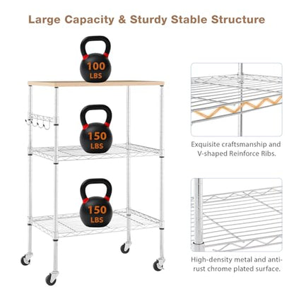 BolDuck 450Lbs Capacity Microwave Cart with Wheels, 3 Tier Rolling Cart with Adjustable Shelves, Multifunctional Metal Utility Storage Kitchen Carts on Wheels, 23.6" L*15.7" W*37" H, Wood+Chrome - size: 23.6"L*15.7"W*37"H with Adjustable Shelves