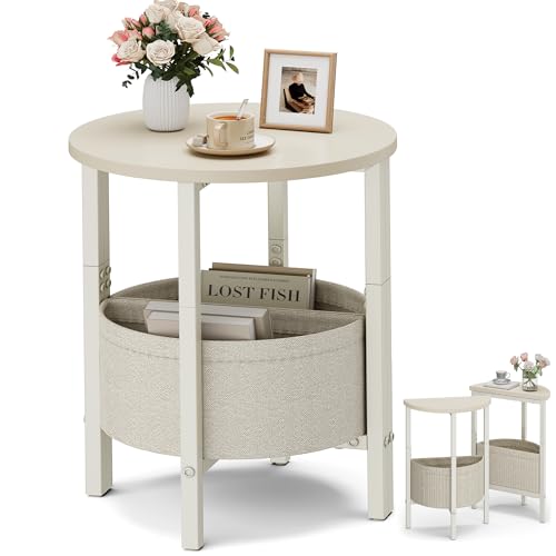 Vagusicc Small Round Side Table End Table, Tall Accent Table with Storage Basket, Set of 2 Half Round Tables Half Moon Tables, Coffee Bedside Tables, Modern Nightstand for Living Room Bedroom, Cream - color: Cream White