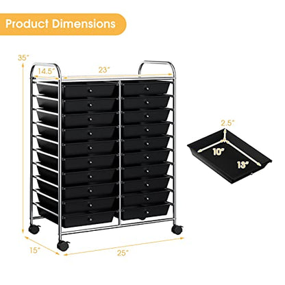 20-Drawer Rolling Storage Cart, Art Cart Organizer on Wheels, Metal Frame and Removable Drawers, Multipurpose Mobile Utility Cart for Classroom, Office, School, Home (Black)