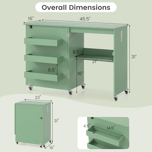 DREAMADE Folding Sewing Table with Storage, Craft Table w/Charging Station, 5 Lockable Wheels, Storage Bins & Shelf, Sewing Machine Desk for Home Office, Apartment, Studio (Green) - color: Green
