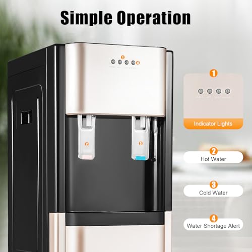 F880 Floor Standing Beverage Tower, Lower Cabinet Loading Hot and Cold Water Station, 450W Heating w/Cup-Push Spout for Kitchen, Lounge & Front Desk (Gold) - color: Gold