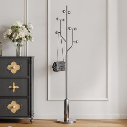 Coat Rack Freestanding Metal Coat Tree with 8 Metal Hooks | Heavy Duty Standing Coat Rack, Stainless Steel Marble Base, Coat Hanger Stand for Bedroom Entryway Hallway, Hat, Bags - color: Silver - Polished Chrome
