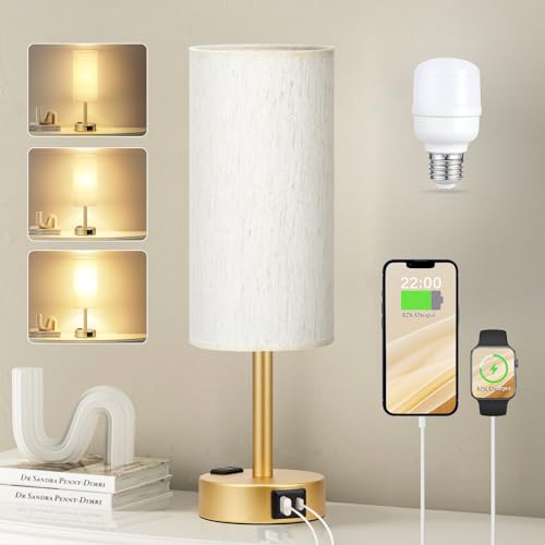 Fenmzee Gold Nightstand Bedroom Lamp - 3 Way Dimmable Bedside Lamp USB C A Charging Ports and AC Outlet, Small Table Lamp Linen Lampshade for Office Desk, LED Bulb Included - color: Cream - Gold, size: 14" Touch Control