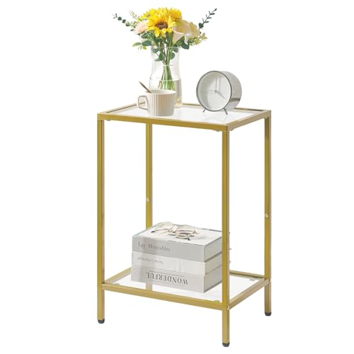 YMYNY Tempered Glass Side Table, 22.05H*14.96L*11.02W,Gold, UHGD002G | 2 Tier end table, Storage Shelves, Narrow Bedside Table, Small Space - color: Gold