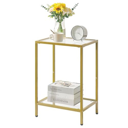 YMYNY Tempered Glass Side Table, 22.05H*14.96L*11.02W,Gold, UHGD002G | 2 Tier end table, Storage Shelves, Narrow Bedside Table, Small Space - color: Gold