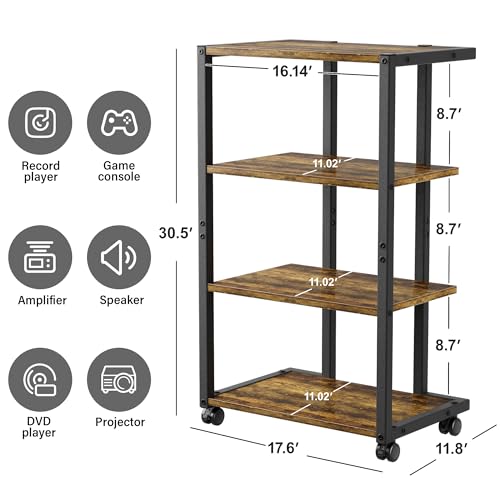 Aquzee AV Media Stand with Wheels, 4-Tier Game Console Shelf, Rolling Media Cart for Small Space, Stereo Racks and Stands, Ideal for Record Player, Game Console, DVD Player, and Projector, Wood