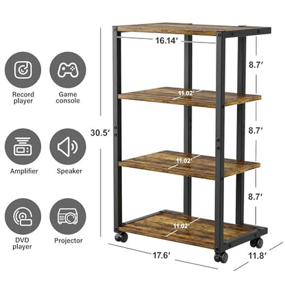 Aquzee AV Media Stand with Wheels, 4-Tier Game Console Shelf, Rolling Media Cart for Small Space, Stereo Racks and Stands, Ideal for Record Player, Game Console, DVD Player, and Projector, Wood