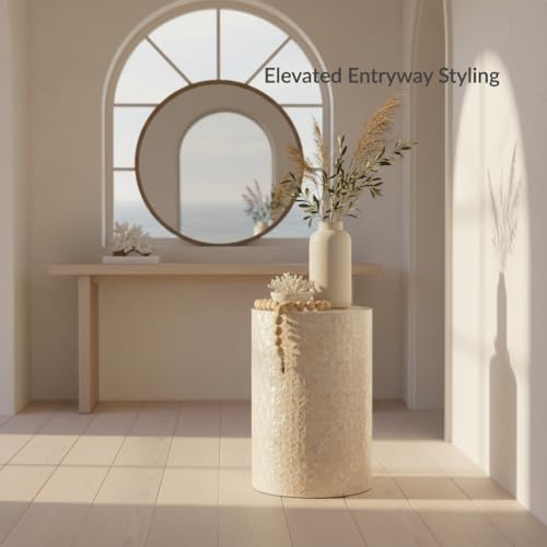 PEMAR Capiz Shell Cylinder Drum End Table Nacre Side Table Stool Round Drum Accent Coffee Bedside Nightstand and Vanity Stool, 13" Diameter x 19.3" High, White Cream - color: White Cream