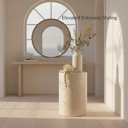 PEMAR Capiz Shell Cylinder Drum End Table Nacre Side Table Stool Round Drum Accent Coffee Bedside Nightstand and Vanity Stool, 13" Diameter x 19.3" High, White Cream - color: White Cream