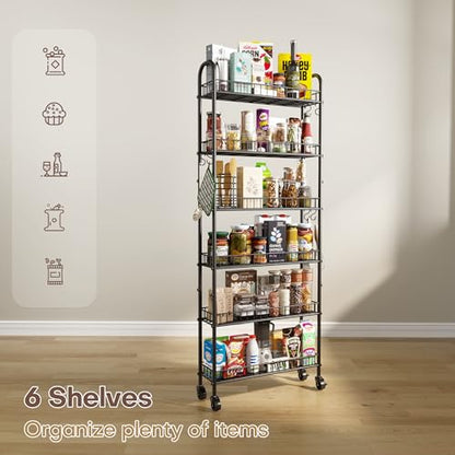 Slim Rolling Storage Cart with Wheels, Metal 6 Tier Spice Rack Mobile Shelving Unit Organizer Kitchen Utility Cart for Office Bathroom Kitchen Laundry Room Narrow Places (6inches) - size: 6inches