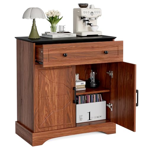 LCRBOL Sideboard with Drawer & Doors, Mid-Century, Matte Black Top & Walnut | 30"W x 15.2"D x 32.2"H, 100 lbs top / 30 lbs shelf, 1 drawer & 2-door cabinet, adjustable shelf, soft-close hinges - color: Walnut