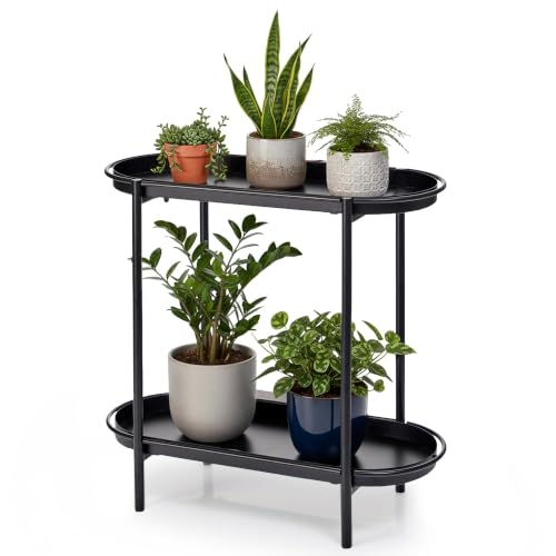 Large Metal 2-Tier Multi-Purpose Stand – Sleek Black Indoor/Outdoor Oval Shelving Unit; Modern Storage Rack for Home Decor, Books, Bathroom Essentials, or Plants