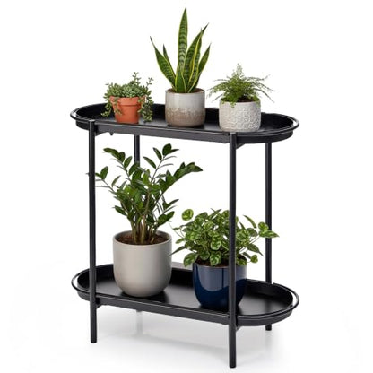 Large Metal 2-Tier Multi-Purpose Stand – Sleek Black Indoor/Outdoor Oval Shelving Unit; Modern Storage Rack for Home Decor, Books, Bathroom Essentials, or Plants
