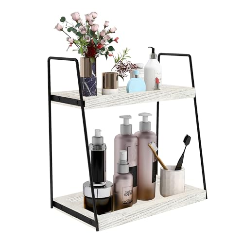 Dorhors Bathroom Counter Organizer,Vanity Countertop Storage Shelf | 2 Tier Rustic White Counter Storage for Bathroom Kitchen,Dresser,Wood Standing Rack for Skincare,Perfume,Makeup - color: Rustic White