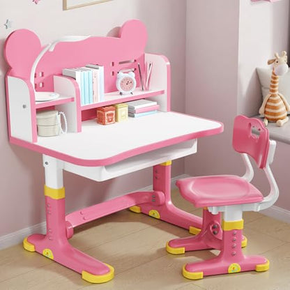 Kids Desk and Chair Set, Height Adjustable Child's School Study Writing Tables, Kids Desk with Bookstand and Storage Drawer, Widened Desktop with Desktop for Boys and Girls (Pink-F) - color: Pink-f