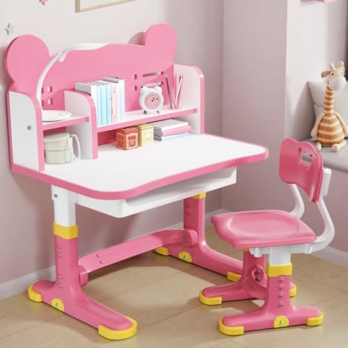 Kids Desk and Chair Set, Height Adjustable Child's School Study Writing Tables, Kids Desk with Bookstand and Storage Drawer, Widened Desktop with Desktop for Boys and Girls (Pink-F) - color: Pink-f