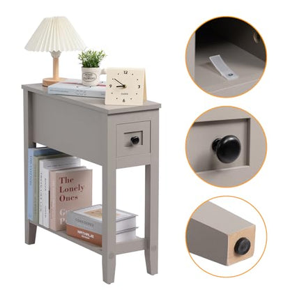 Grey Chairside Narrow End Table, Solid Recliner Side Table with Drawer, Slim Nightstand Bedside Table for Living Room Bedroom - size: 1 set grey