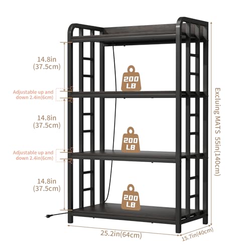 Adjustable Bakers Rack with Power Outlet, 4 Tier Microwave Oven Stand, Heavy Duty Kitchen Storage Rack for Garage Dining Room, Black
