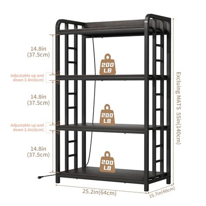 Adjustable Bakers Rack with Power Outlet, 4 Tier Microwave Oven Stand, Heavy Duty Kitchen Storage Rack for Garage Dining Room, Black