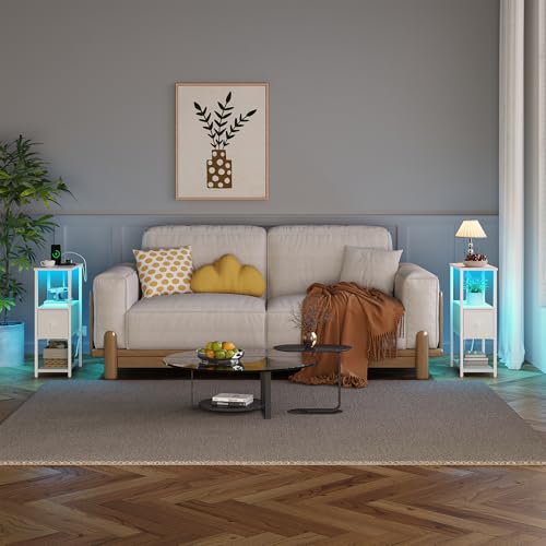 TUTOTAK Small Narrow LED End Table with Charging Station, Side Table Outlets, Nightstand with Cloth Drawer, Set of 2, Couch Table, for Living Room, Bedroom, Bedside, White TB01BW059 - color: White, style: 1 Drawer with Plug & Light