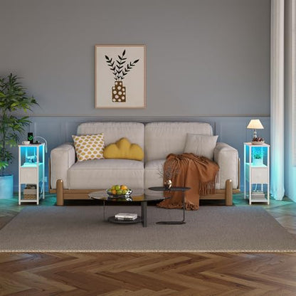 TUTOTAK Small Narrow LED End Table with Charging Station, Side Table Outlets, Nightstand with Cloth Drawer, Set of 2, Couch Table, for Living Room, Bedroom, Bedside, White TB01BW059 - color: White, style: 1 Drawer with Plug & Light