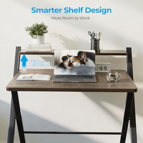 GreenForest No Assembly Folding Desk, 2-Tier Compact Computer Desk with Shelf, 30 inch Space Saving Foldable Table for Home Office, Dorm or Apartment, Portable Collapsible Sturdy Laptop Desk, Brown | Portable Foldable Table for Laptop, 2-Tier Compact with