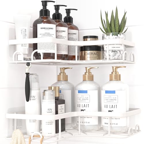 Sakugi Corner Shower Caddy - 2 Pack, Adhesive Shower Organizers, Rustproof Stainless Steel Shower Shelves with 8 Hooks, No Drilling Bathroom Organizers and Storage Racks, Space-Saving, White, Medium - color: White, size: Medium