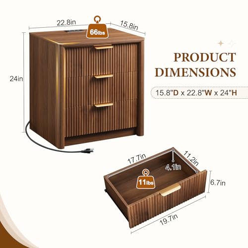 LYNCOHOME 23" Fluted Nightstand with Charging Station, 3 Drawer Bedside Table, Modern Night Stand with Curved Edge Design, Wooden End Table for Bedroom, Rounded Night Stand with Storage, Walnut, Brown - size: 15.7"D x 22.8"W x 24.2"H（3 Drawers）