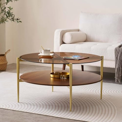 LumFurn Extra Large Round Coffee Table, Mid-Century Modern Design, D34 x H17 in, for Living Room, 2-Tier Structure, Amber Glass Top and Walnut MDF Shelf, Sleek Conical Metal Legs with Gold Finish - color: Amber & Walnut, size: D34" Round Coffee Table