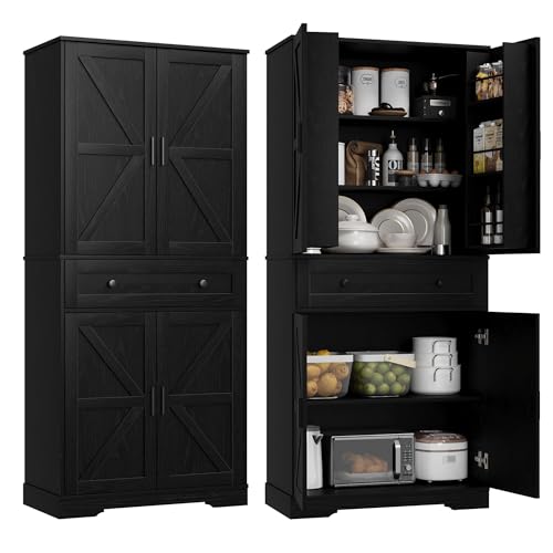 Garvee 71" Kitchen Pantry Cabinet, Barn Door Freestanding Cupboard with Drawer, Sliding Storage Rack, and 6 Hanging Shelves for Kitchen, Dining Room, Living Room Bedroom - color: Black